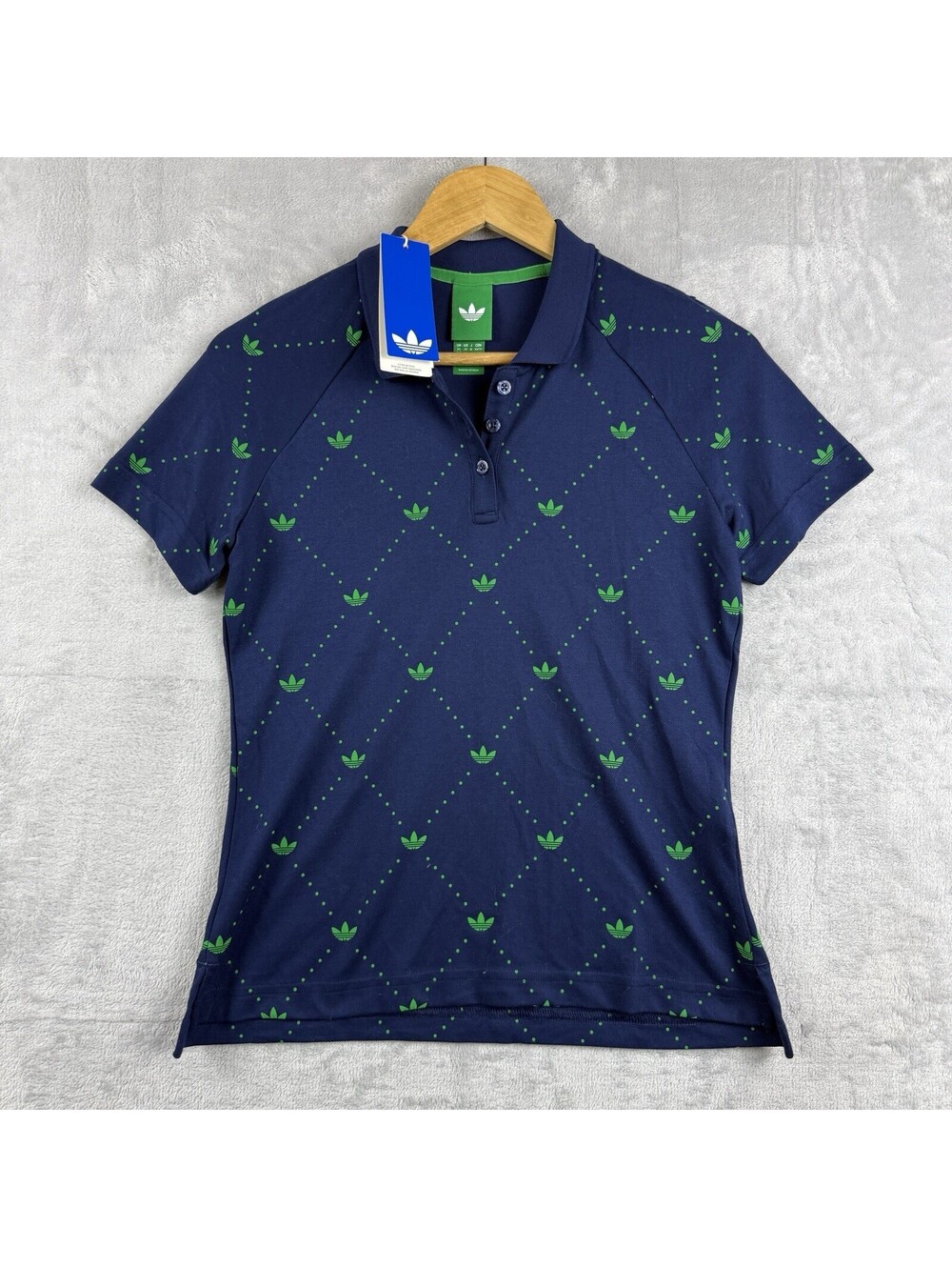 Adidas Originals Womens Trefoil Polo Shirt XS Navy Green All Over Logo Retro NWT